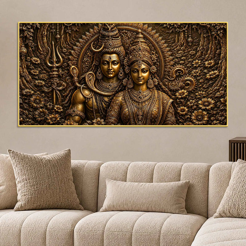 Lord Mahadev with Maa Parvati Metallic Look 3D Canvas Wall Painting