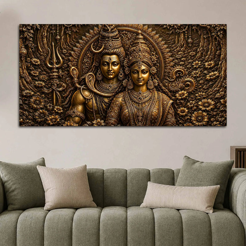 Lord Mahadev with Maa Parvati Metallic Look 3D Canvas Wall Painting