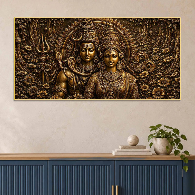 Lord Mahadev with Maa Parvati Metallic Look 3D Canvas Wall Painting