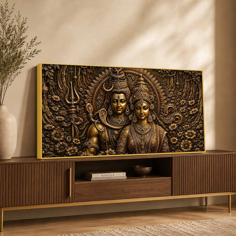 Lord Mahadev with Maa Parvati Metallic Look 3D Canvas Wall Painting