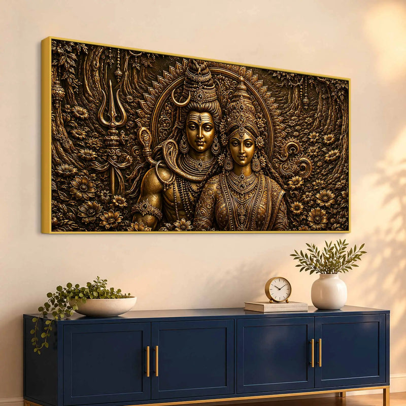 Lord Mahadev with Maa Parvati Metallic Look 3D Canvas Wall Painting
