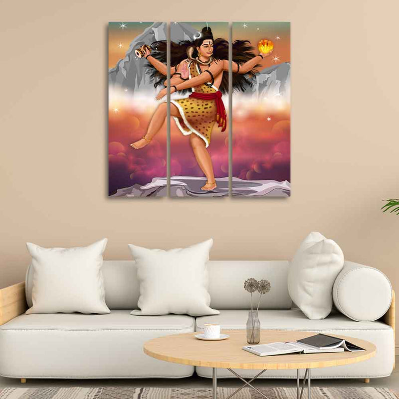 Lord of Dance Nataraja Canvas Wall Painting of 3 Pieces