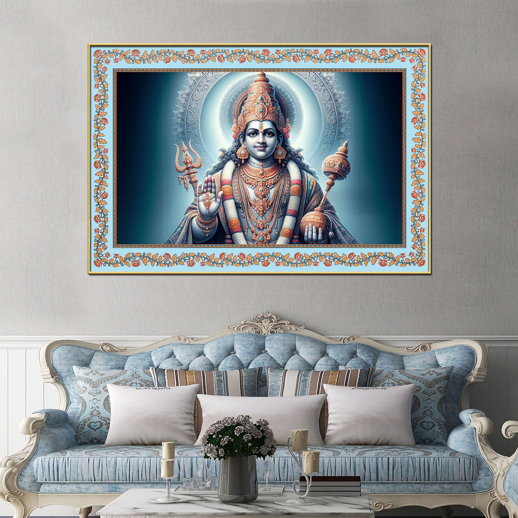 Lord Of Gods Maha Vishnu Floral Border Canvas Wall Painting