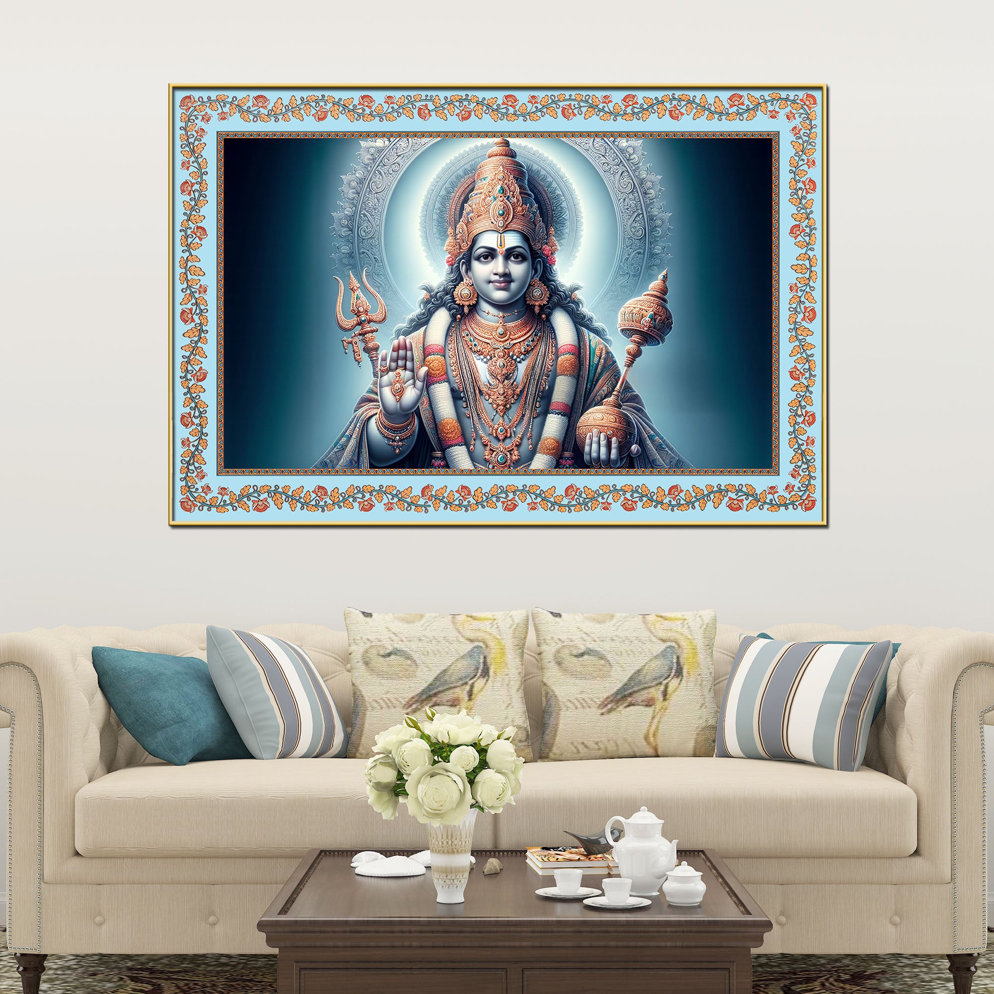Lord Of Gods Maha Vishnu Floral Border Canvas Wall Painting