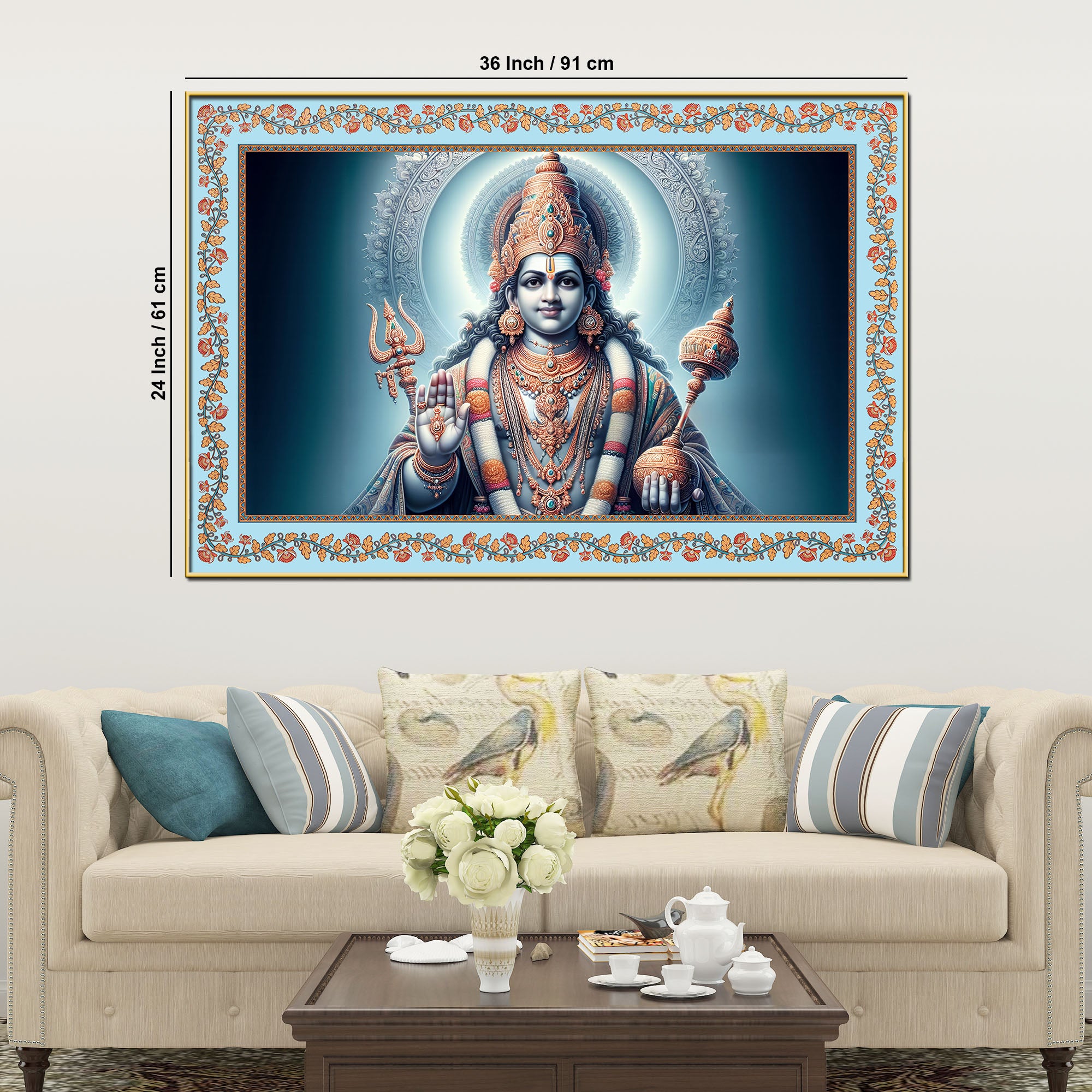 Lord Of Gods Maha Vishnu Floral Border Canvas Wall Painting