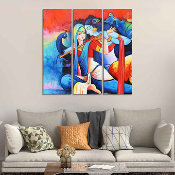 Lord Radha Krishan Playing Flute Canvas Wall Painting 3 Panel Set