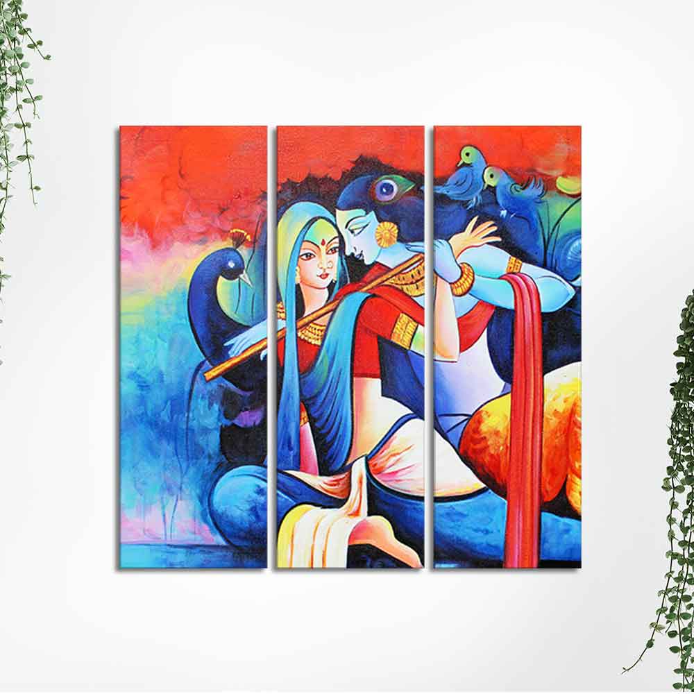 Lord Radha Krishan Playing Flute Canvas Wall Painting 3 Panel Set