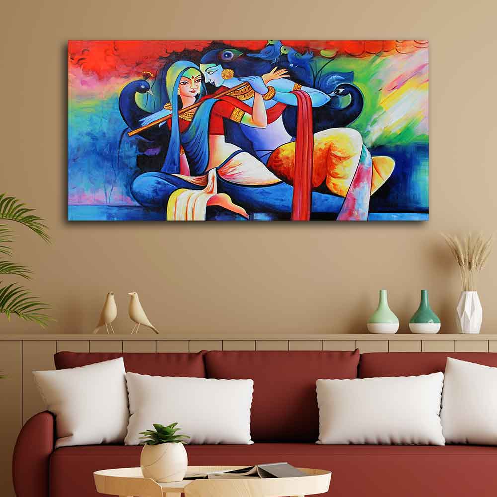 Lord Radha Krishan Playing Flute Canvas Wall Painting