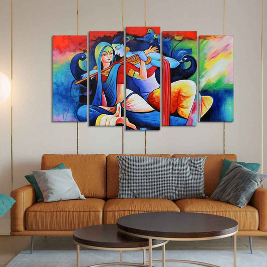 Lord Radha Krishan Playing Flute Canvas Wall Painting Set of Five Panel