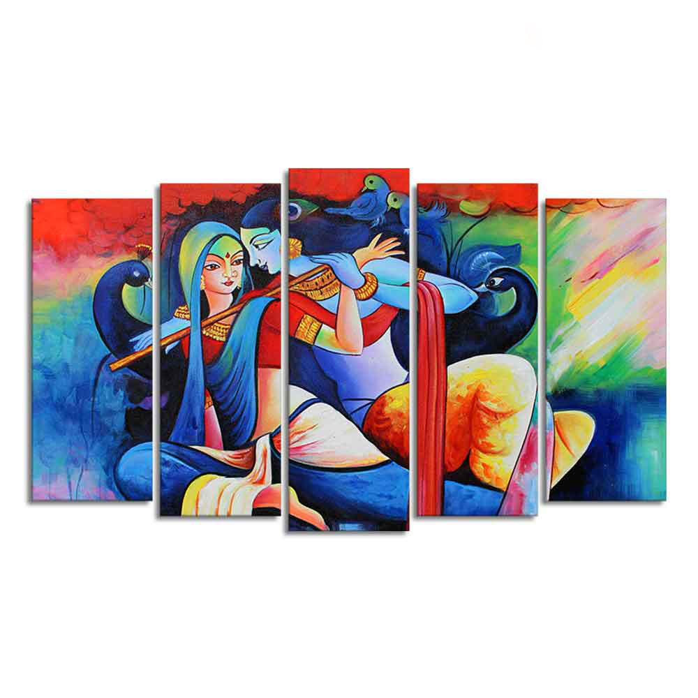 Lord Radha Krishan Playing Flute Canvas Wall Painting Set of Five Panel