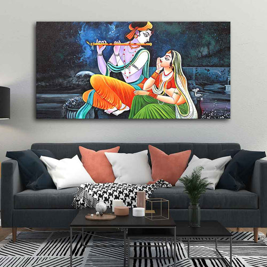 Lord Radha Krishna in Dark Forest Canvas Big Wall Painting Wall Art