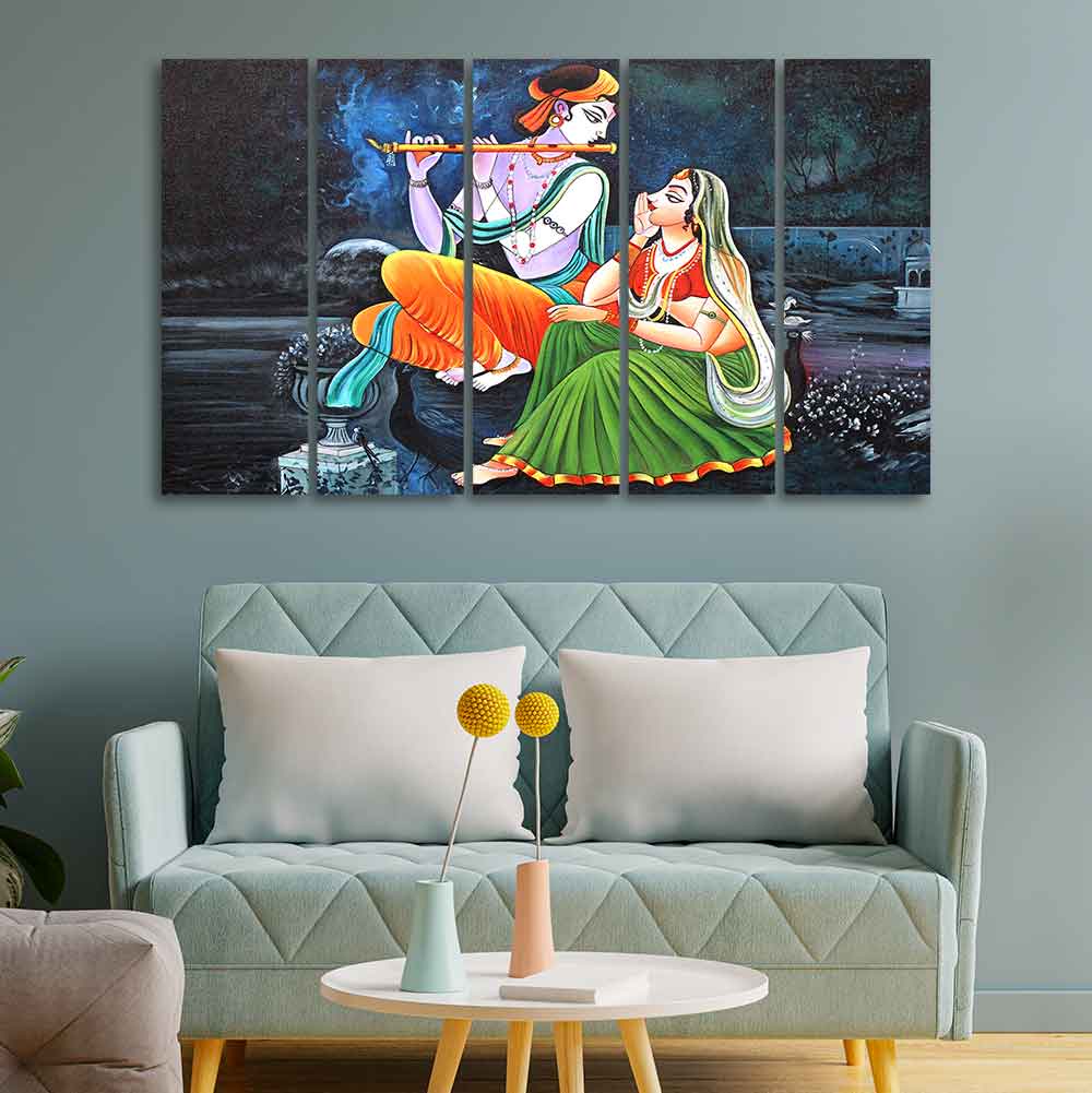 Lord Radha Krishna in Dark Forest Five Pieces Canvas Wall Painting