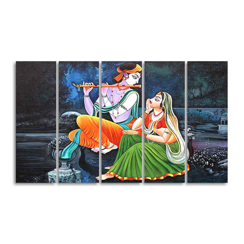 Lord Radha Krishna in Dark Forest Five Pieces Canvas Wall Painting