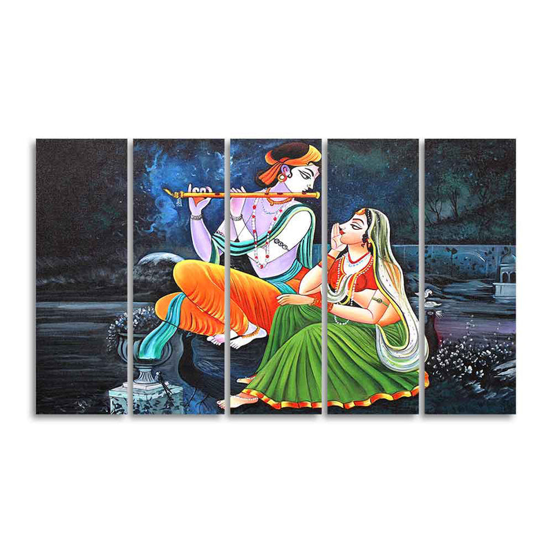 Lord Radha Krishna in Dark Forest Five Pieces Canvas Wall Painting