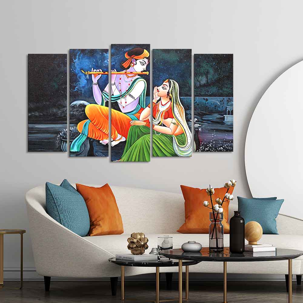 Lord Radha Krishna in Dark Forest Set of Five Pieces Wall Painting