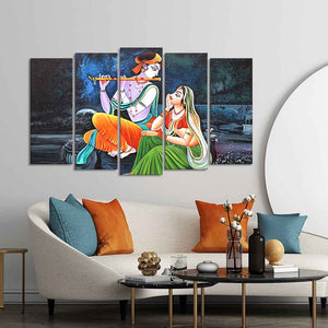 Lord Radha Krishna in Dark Forest Set of Five Pieces Wall Painting