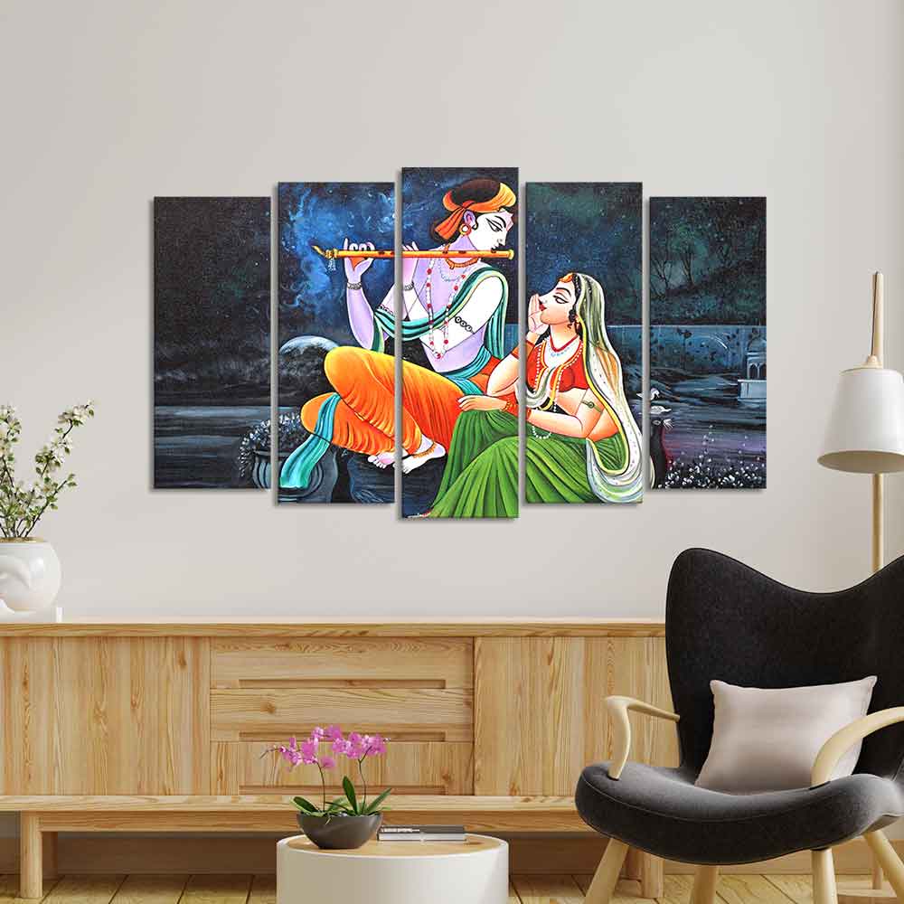 Lord Radha Krishna in Dark Forest Set of Five Pieces Wall Painting