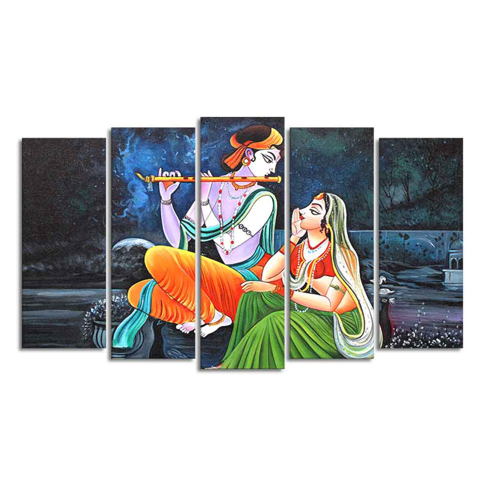 Lord Radha Krishna in Dark Forest Set of Five Pieces Wall Painting