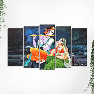 Lord Radha Krishna in Dark Forest Set of Five Pieces Wall Painting