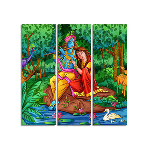 Lord Radha Krishna in Forest Wall Painting 3 Pieces