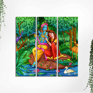 Lord Radha Krishna in Forest Wall Painting 3 Pieces