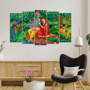 Lord Radha Krishna in Forest Wall Painting of Five Pieces