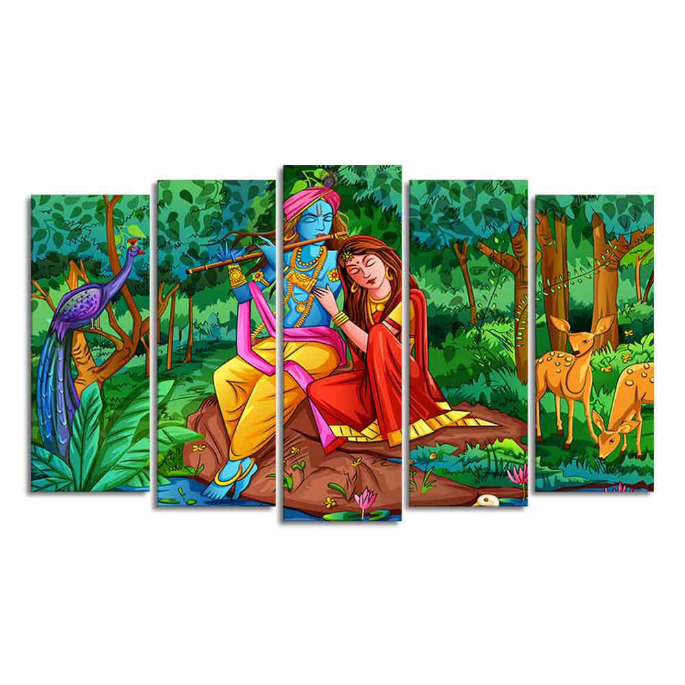 Lord Radha Krishna in Forest Wall Painting of Five Pieces