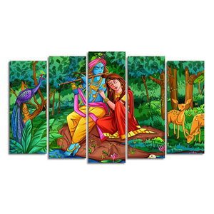 Lord Radha Krishna in Forest Wall Painting of Five Pieces