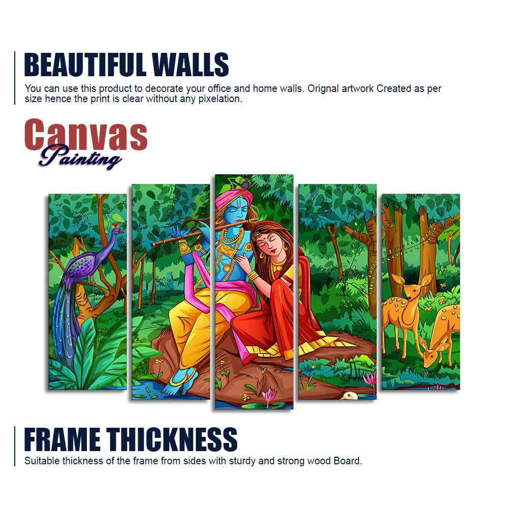 Lord Radha Krishna in Forest Wall Painting of Five Pieces