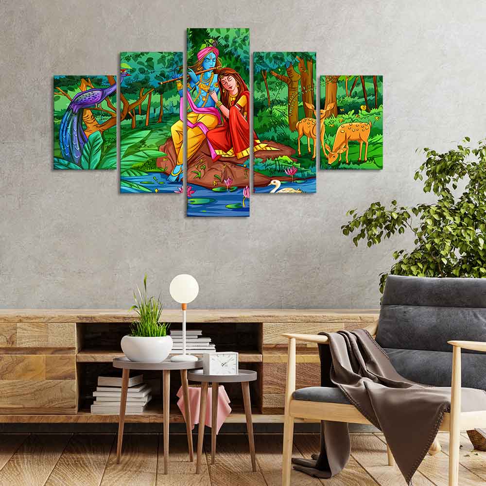 Lord Radha Krishna in Forest Wall Painting Set of Five