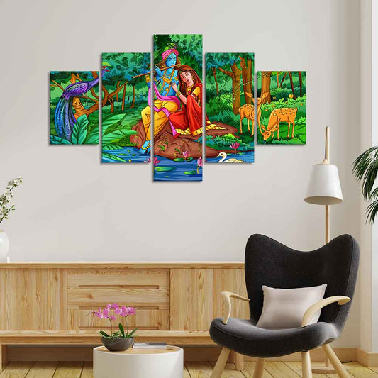 Lord Radha Krishna in Forest Wall Painting Set of Five