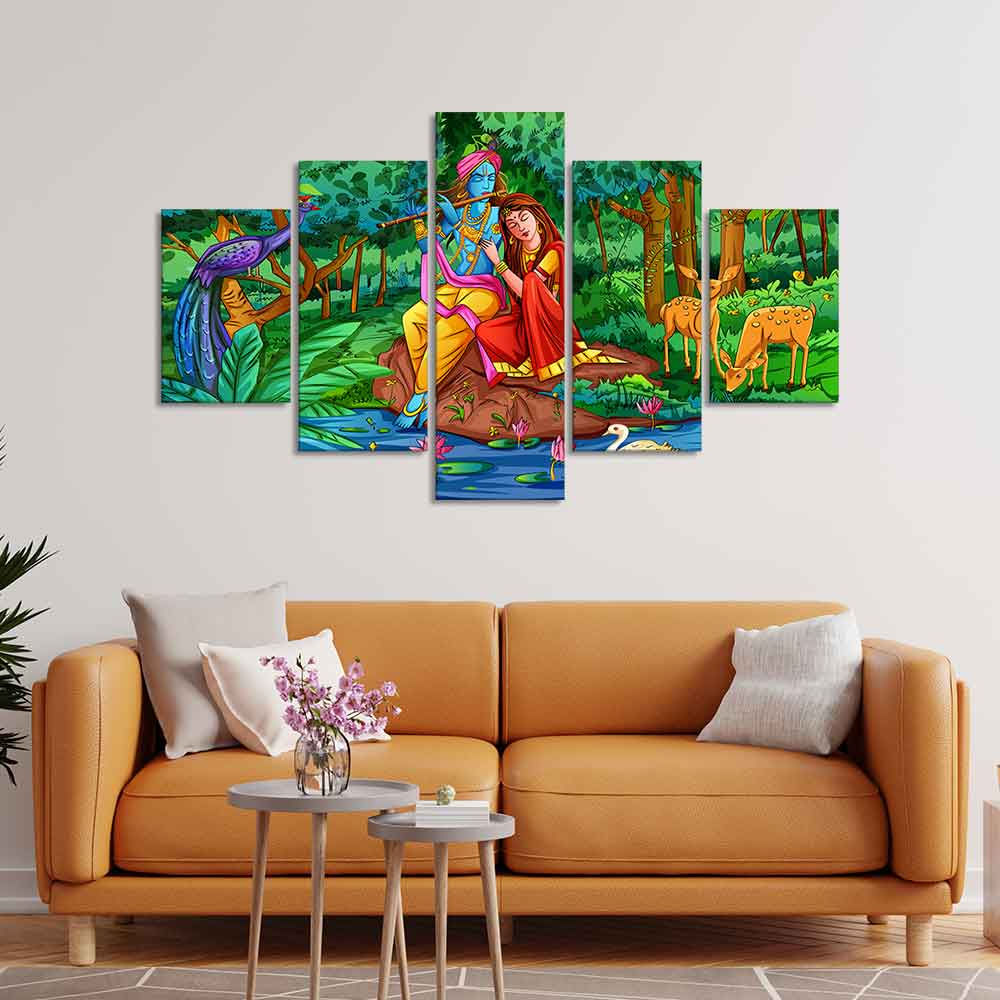 Lord Radha Krishna in Forest Wall Painting Set of Five