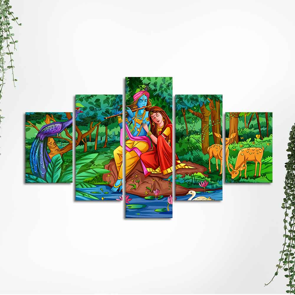 Lord Radha Krishna in Forest Wall Painting Set of Five