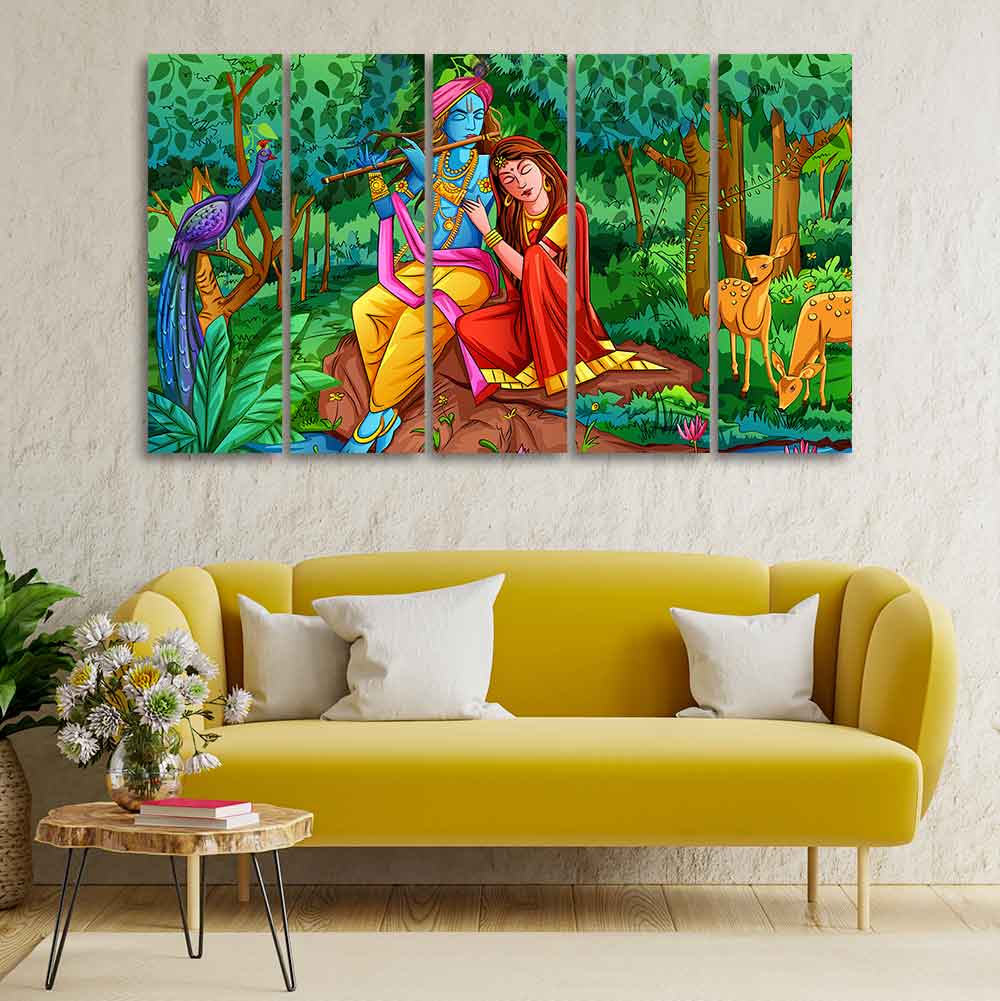 Lord Radha Krishna in Forest Wall Painting Set of Five Pieces