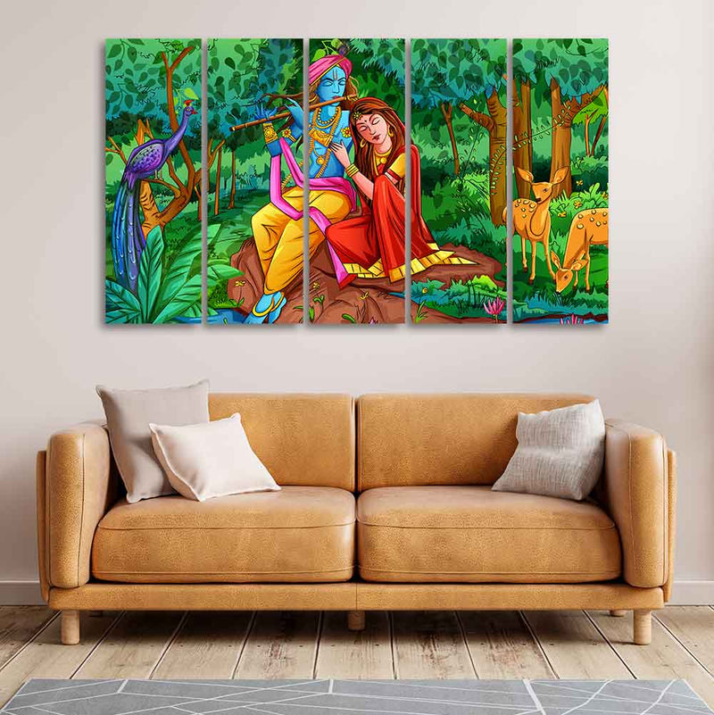 Lord Radha Krishna in Forest Wall Painting Set of Five Pieces