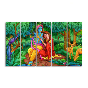 Lord Radha Krishna in Forest Wall Painting Set of Five Pieces