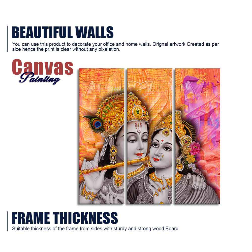 Lord Radha Krishna Playing Flute Canvas Wall Painting 3 Panel Set