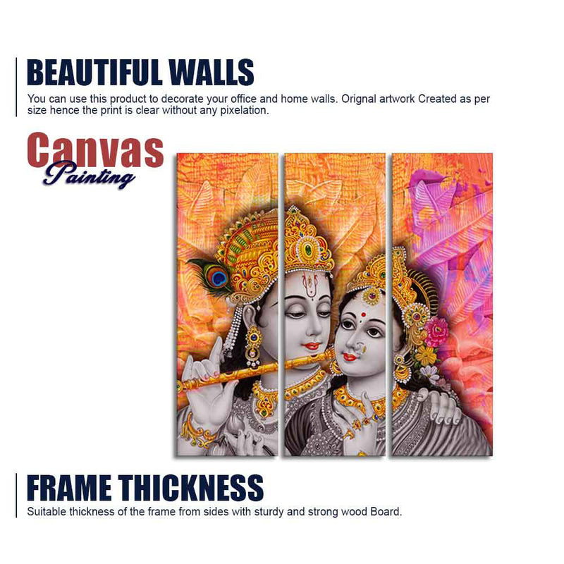 Lord Radha Krishna Playing Flute Canvas Wall Painting 3 Panel Set