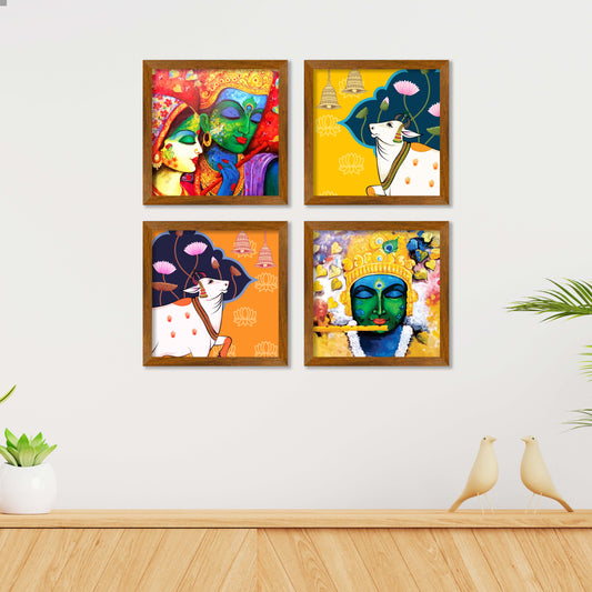 Lord Radha Krishna Playing with Flute Wall Frame Set of Four