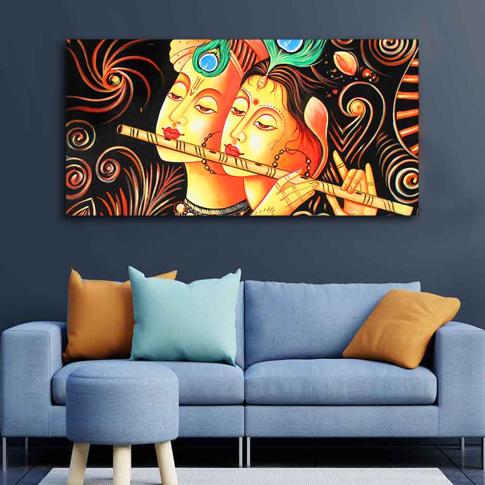 Lord Radha Krishna with Flute Canvas Big Wall Painting Wall Art