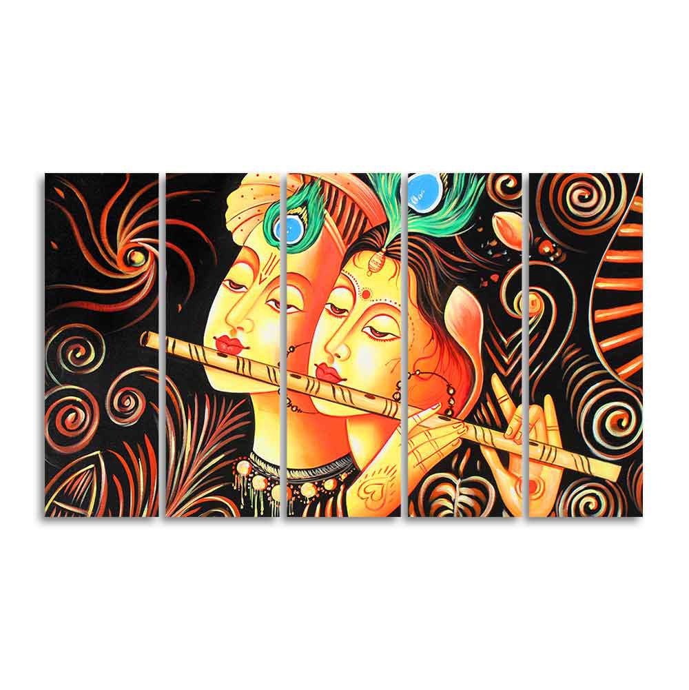 Lord Radha Krishna with Flute Five Pieces Canvas Wall Painting