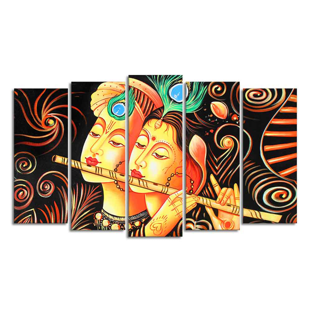 Lord Radha Krishna with Flute Set of Five Pieces Wall Painting