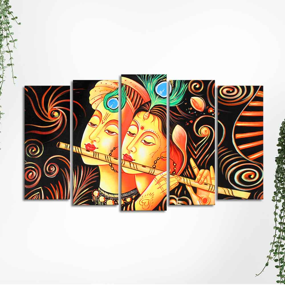 Lord Radha Krishna with Flute Set of Five Pieces Wall Painting