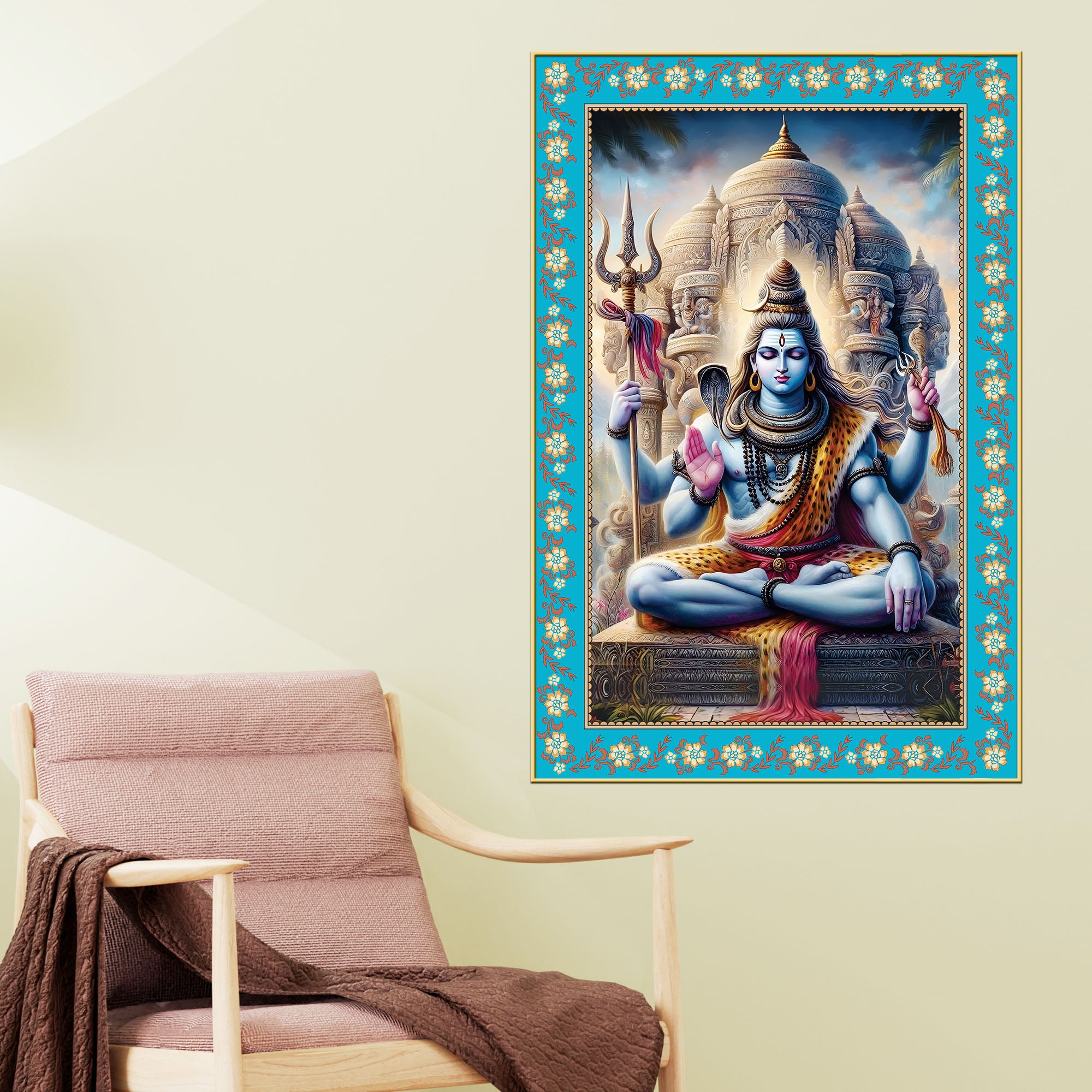 Lord Shankar Floral Border Vertical Canvas Wall Painting