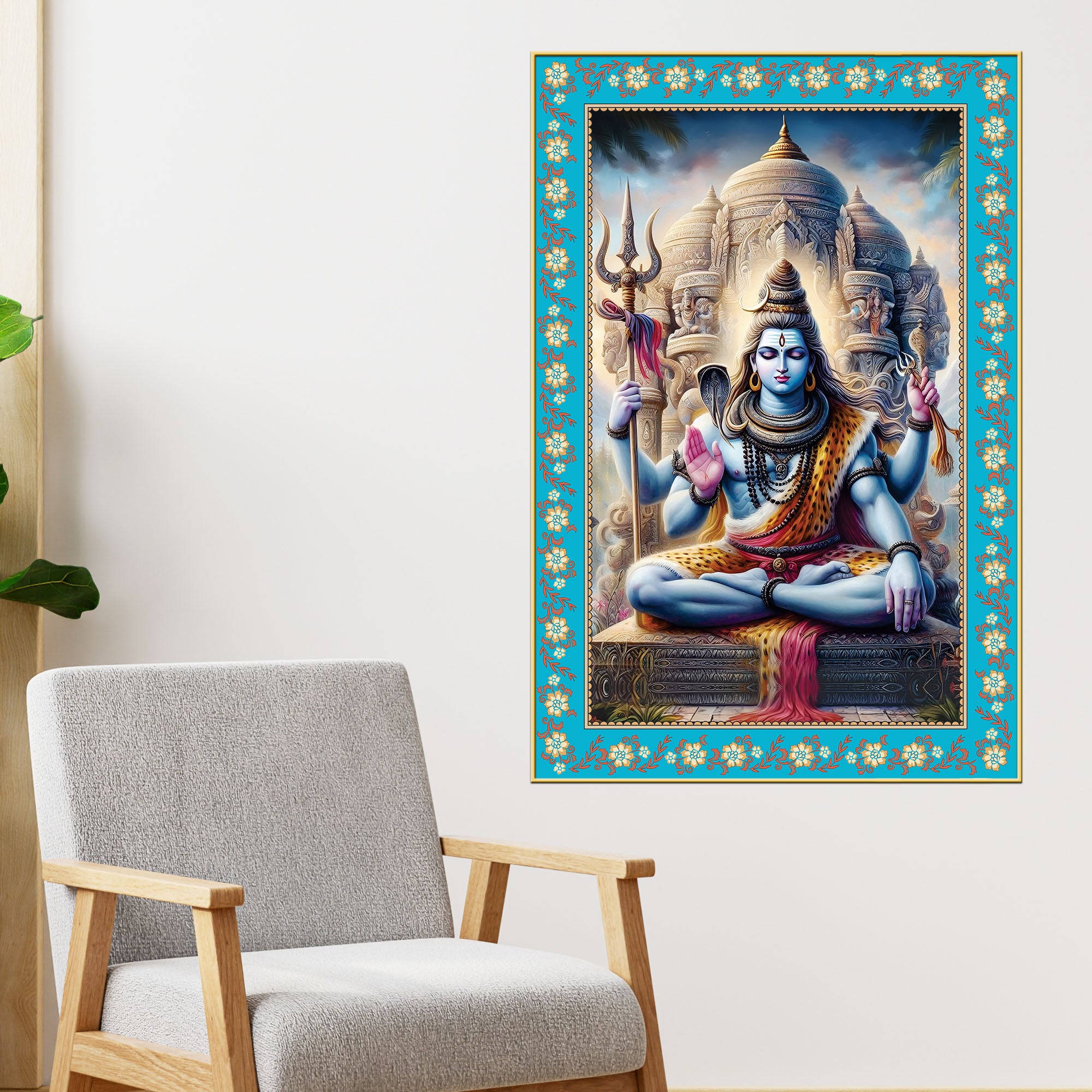 Lord Shankar Floral Border Vertical Canvas Wall Painting