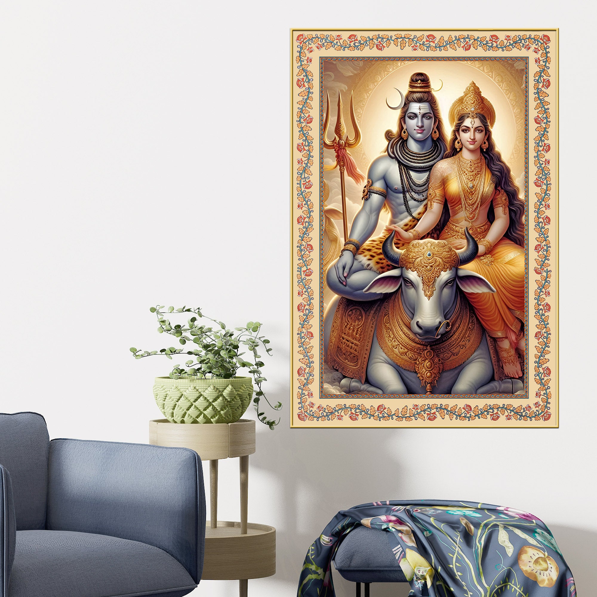 Lord Shiv with Parvati Floral Border Vertical Canvas Wall Painting