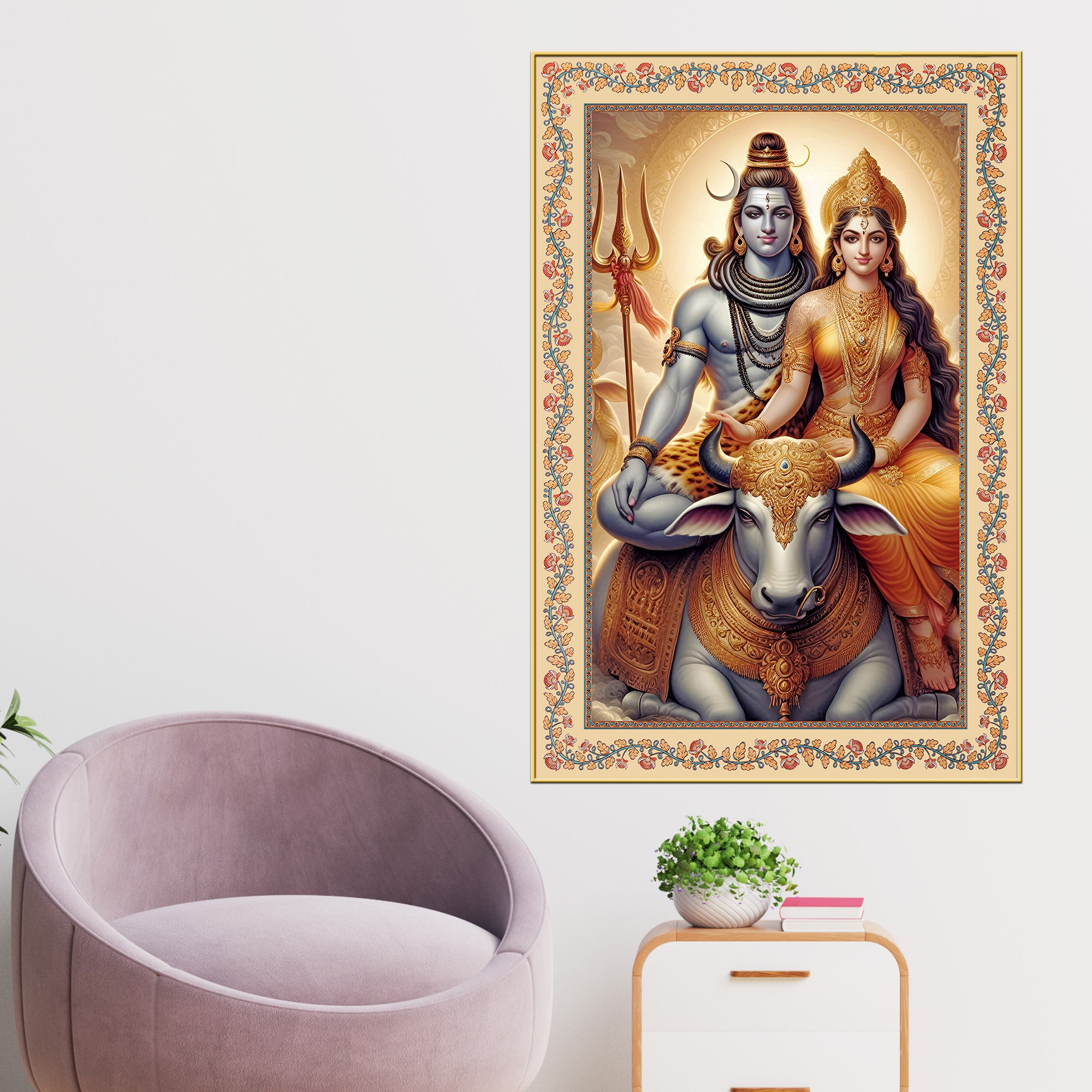 Lord Shiv with Parvati Floral Border Vertical Canvas Wall Painting