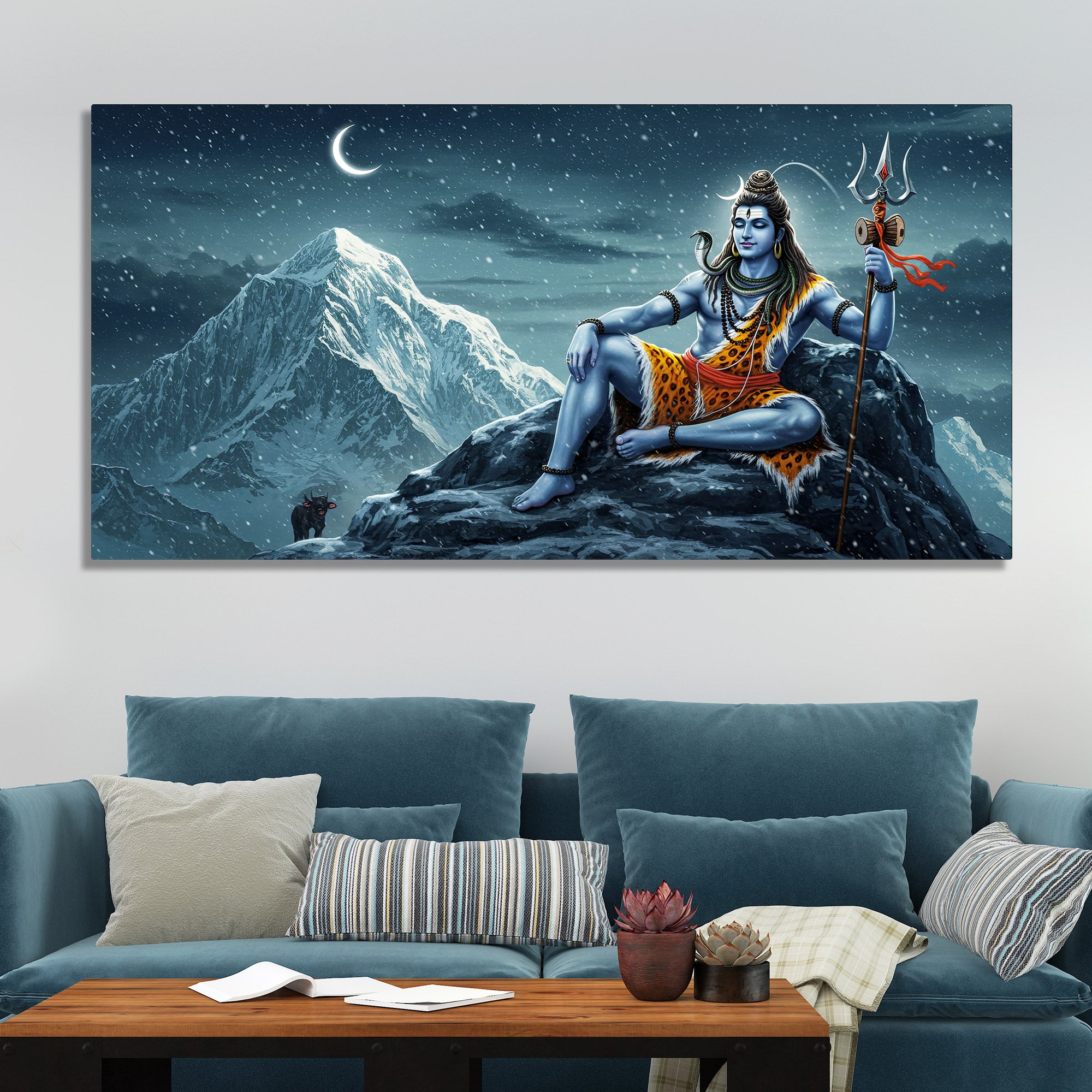 Lord Shiva in Himalayas Canvas Wooden Wall Painting