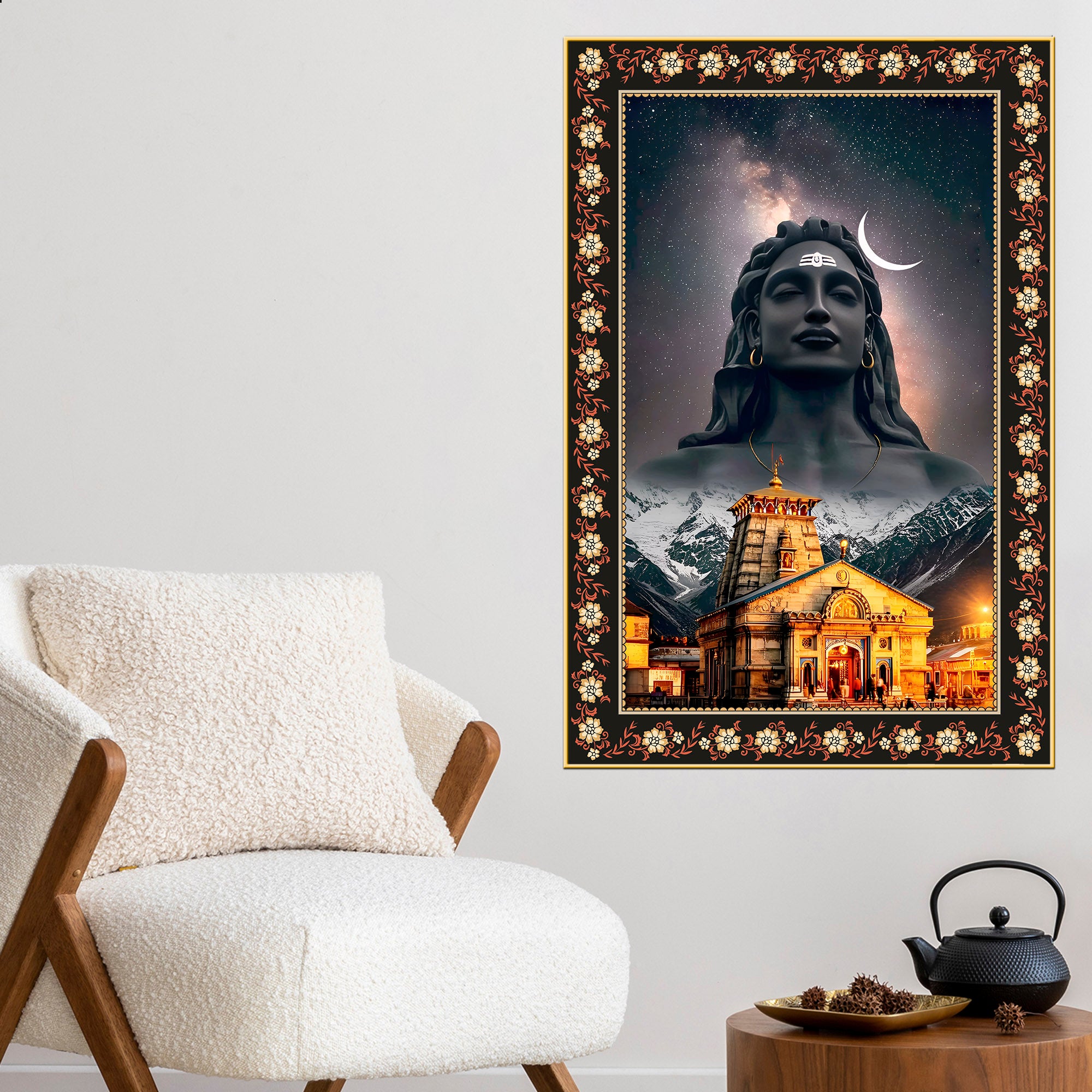 Lord Shiva in Kedarnath Temple Floral Border Vertical Wall Painting