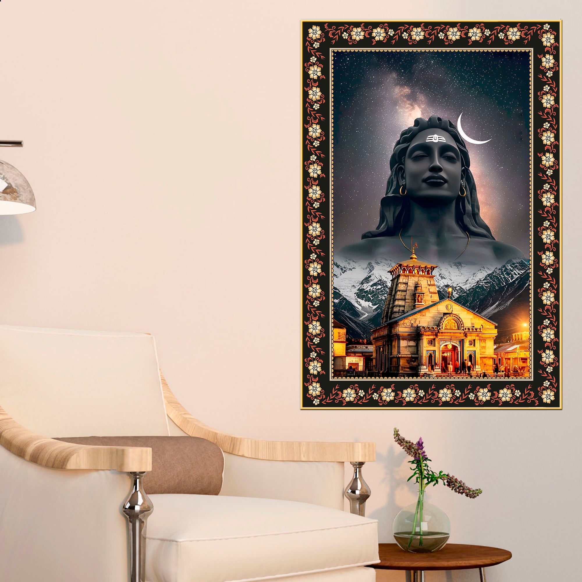 Lord Shiva in Kedarnath Temple Floral Border Vertical Wall Painting